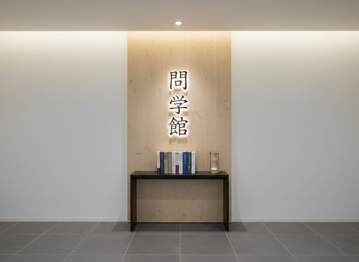 A serene entrance area of a learning center, with a clean white wall featuring a refined, backlit sign that reads 「問学館」 in elegant black characters, mounted on a vertical panel of pale birch wood. Below the sign, a narrow console table supports a neatly arranged row of academic reference books and a small sand timer. The floor is smooth, dark gray tile, contrasting with the warm wood. Soft, indirect ceiling lighting and a subtle wall washer create a gentle gradient of light up the signage, enhancing legibility without harsh shadows. Photographic realism from a straight-on composition, conveying trust, professionalism, and a calm invitation to a place dedicated to thoughtful dialogue-based learning.