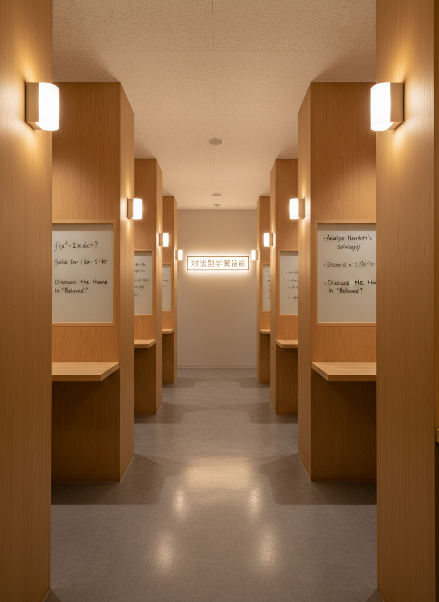 A quiet learning space featuring individual study booths crafted from warm, light-toned wood, each separated by clean vertical panels and equipped with a small whiteboard filled with neatly written mathematical and literary questions. The booths line a narrow corridor with a polished concrete floor and soft wall-mounted lights casting a warm, even glow. At the end of the hallway, a simple sign with 「対話型学習指導」 glows subtly. Shot from a slightly elevated angle in photographic realism, with sharp focus throughout, the mood is orderly, focused, and professional, evoking a dedicated one-on-one tutoring environment without any people present.