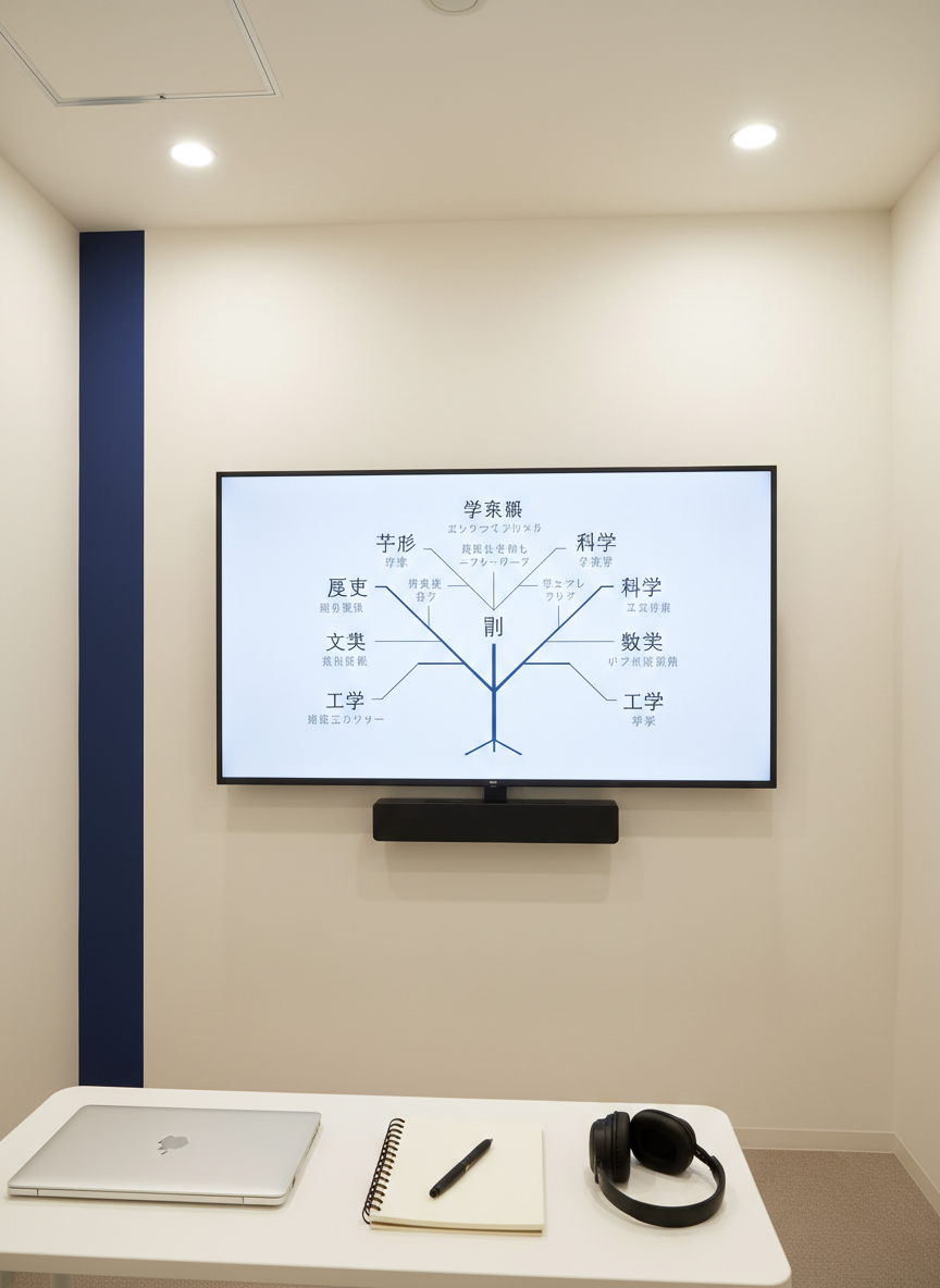 A compact seminar room designed for individualized, dialogue-based learning, featuring a large wall-mounted display showing a clean diagram of a “Question Tree” branching into different academic subjects labeled in Japanese. Below the screen, a narrow white desk holds a closed laptop, a spiral notebook, and a pair of noise-cancelling headphones. The walls are painted in a soft off-white with a single vertical strip of deep navy blue, adding academic gravitas. Recessed ceiling lights provide even, neutral illumination. Photographic realism from a slightly wide, eye-level angle with clear focus, cultivating a mood of structured inquiry and modern, professional educational technology without any human presence.